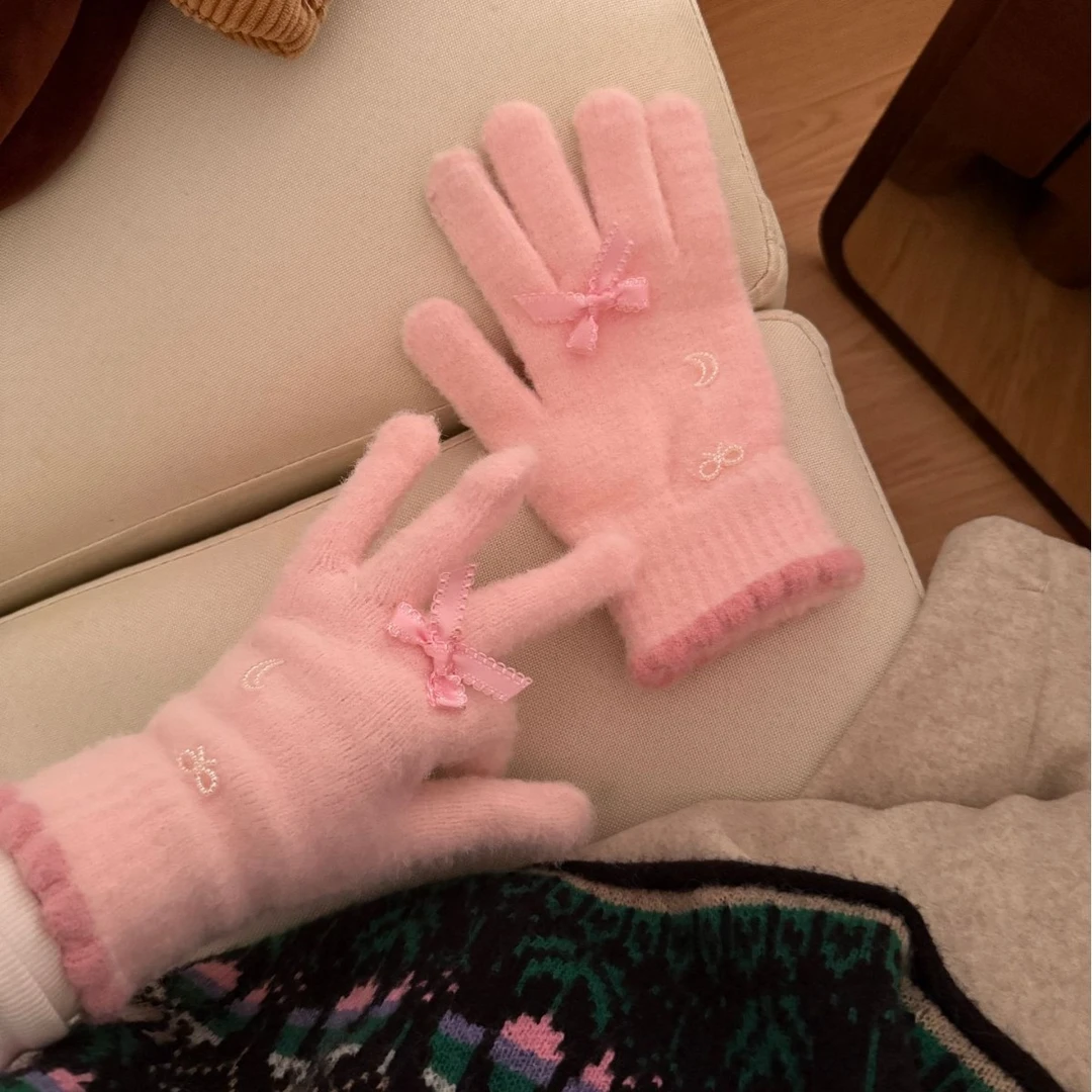 分指手套新款毛绒手套可爱蝴蝶结加厚保暖针织手套冬季可触屏手套