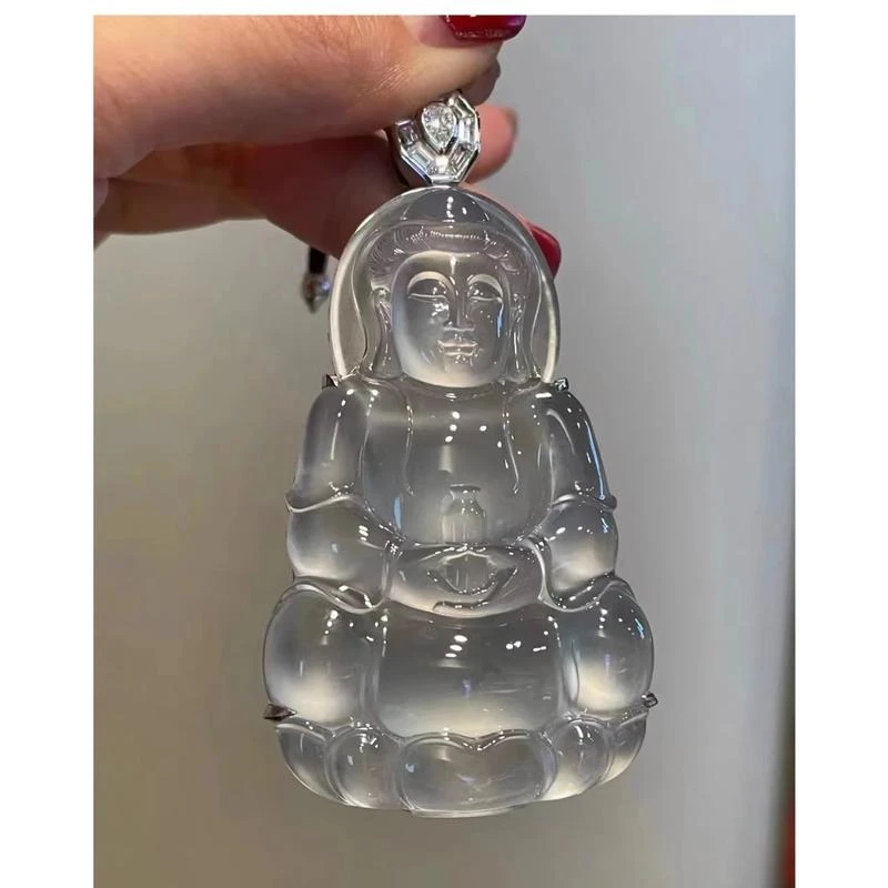 天然翡翠吊坠观音高冰种白冰玉吊坠挂件18镶嵌缅甸正品