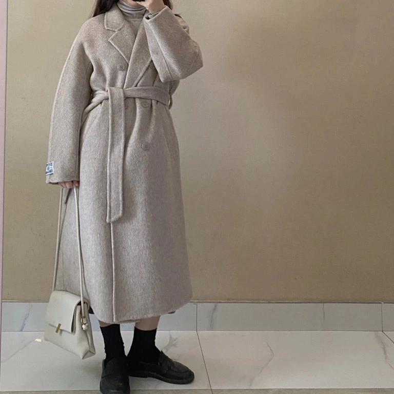 【TD专属】宽袖秋冬韩系风纯色长款毛呢外套休闲风千金风TD020