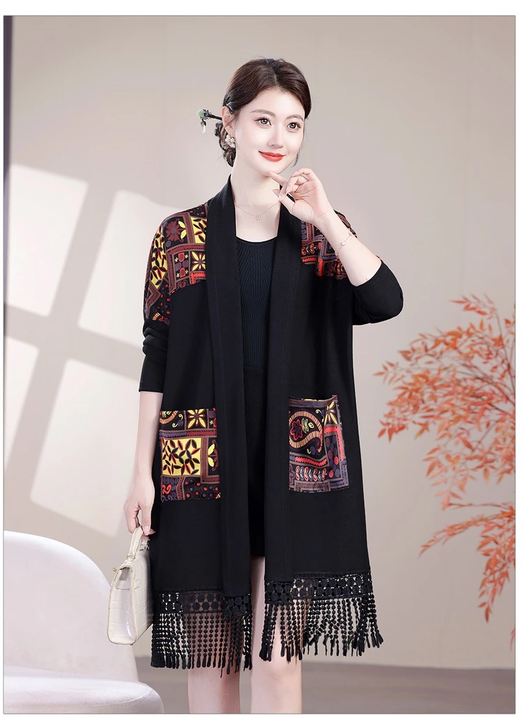 秋季新款针织披肩气质缎面流苏宽松民族风中长款印花披肩开衫外套