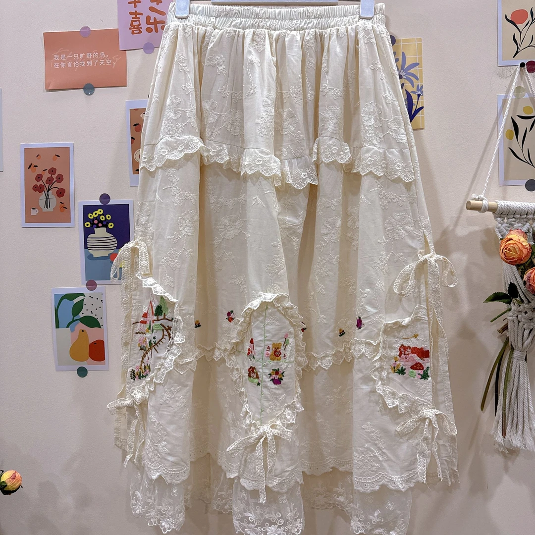 《米粒》8150森系小清新松紧腰重工刺绣宽松百搭半身裙