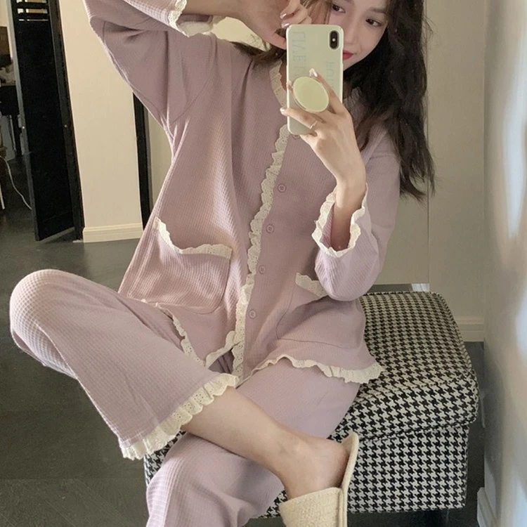 紫色华夫格睡衣女长袖春秋季甜美蕾丝花边可外穿高级感家居服套装