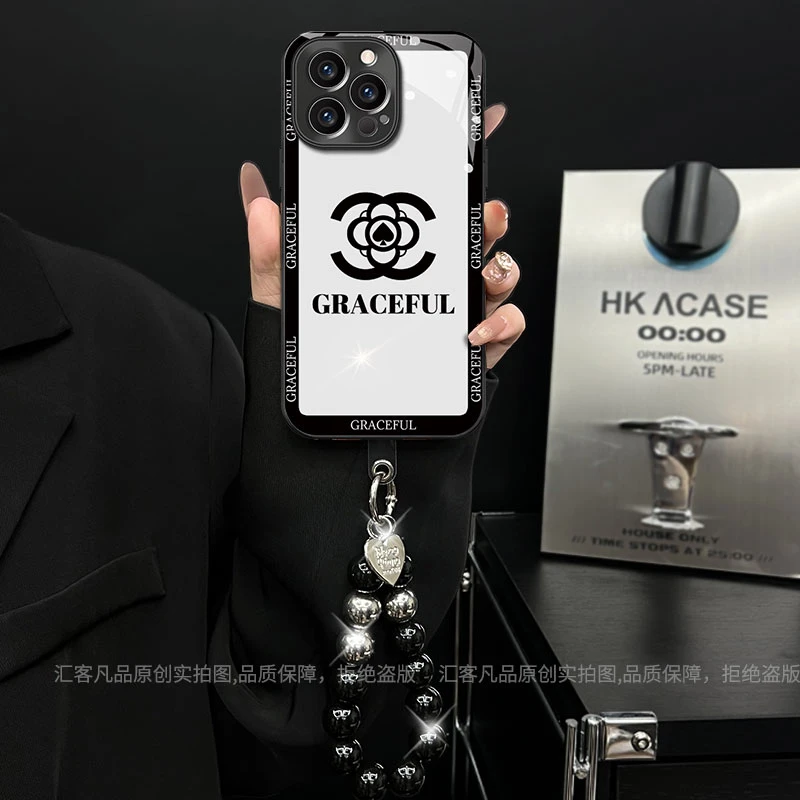 电镀玻璃英文双C适用苹果/oppo/华为/vivo/小米创意手链手机壳女