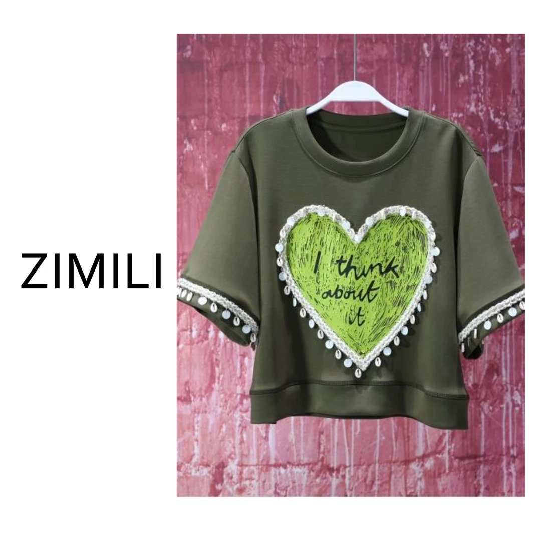 【亮哥女装】2025欧货轻薄透气咖绿色爱心编制欧版休闲T恤8290