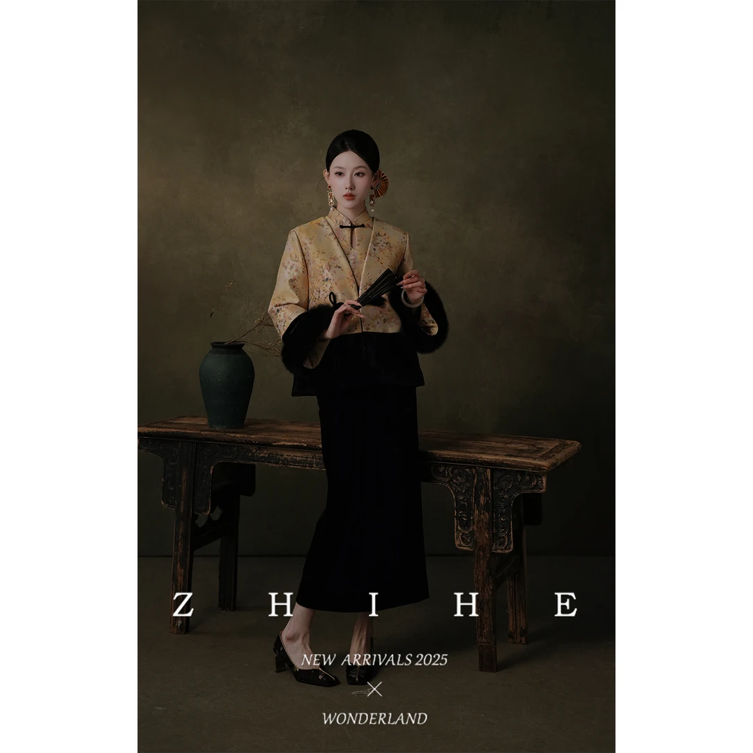 无艳一禾【玺金】原创莱赛尔提花丝绒连衣裙++狐狸毛毛领