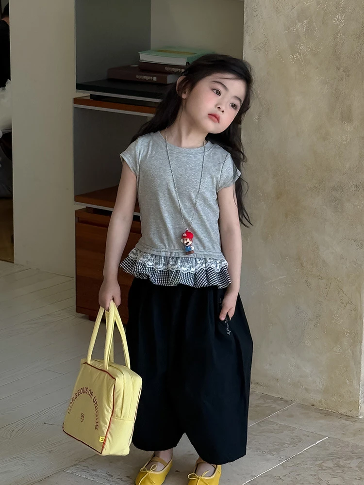 「自由简意」夏季韩版儿童花边短袖针织打底上衣