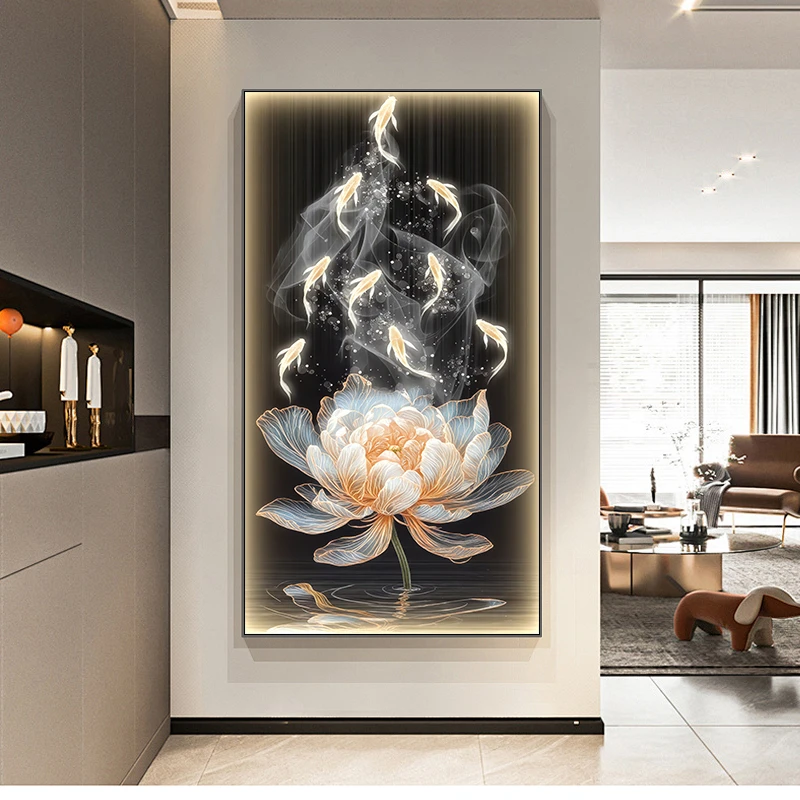 X05荷气生财玄关走廊尽头入户轻奢壁画九鱼正对门装饰画80*160淼