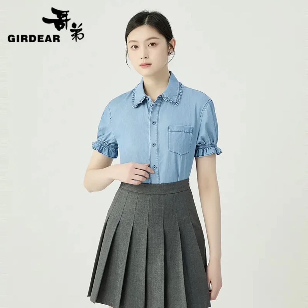 哥弟新款法式短袖外穿衬衫蓝色显瘦修身夏季薄牛仔女款衬衣130041