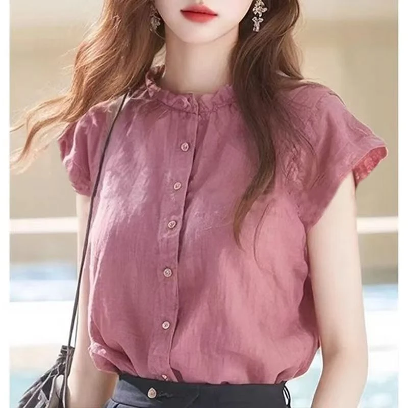 夏木耳单排多扣夏季立领衬衫法式衬衣设计感显瘦时尚洋气棉麻上衣
