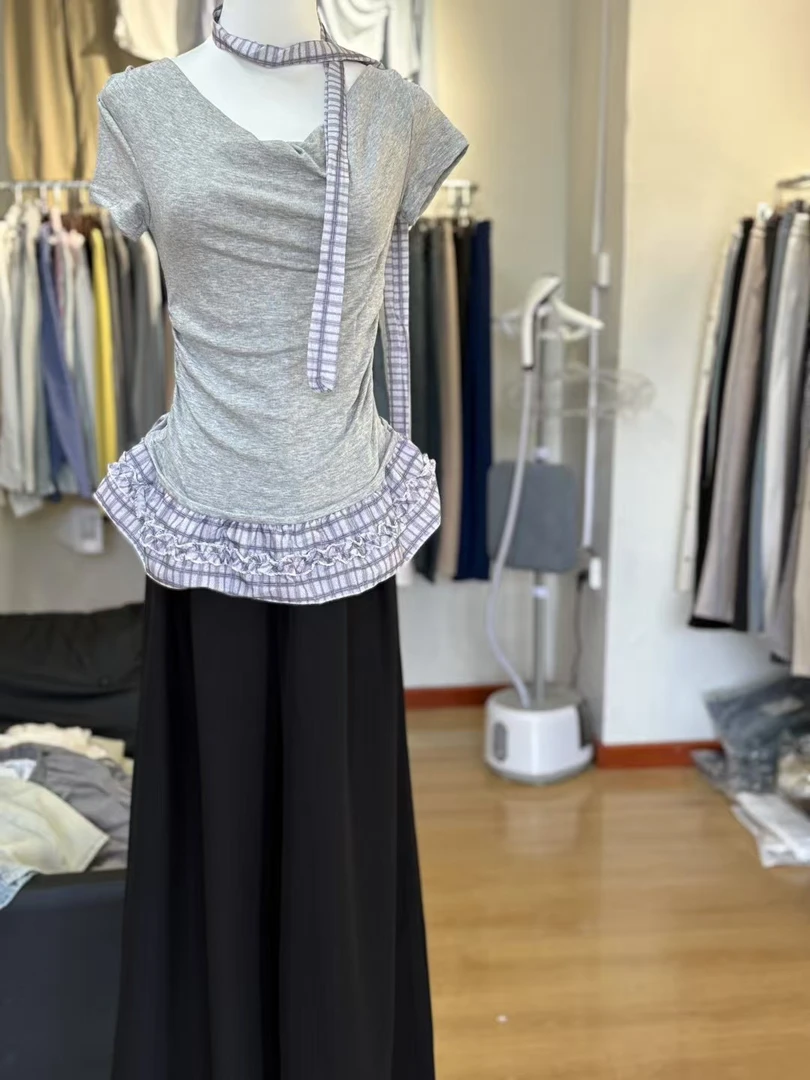 少女风显瘦日韩休闲复古T恤短袖不规则荡领气质拼接