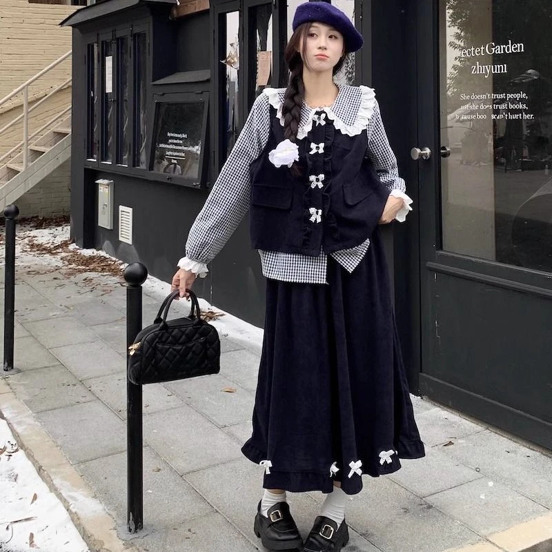 日系韩版森系少女感秋季学院风花边娃娃领长袖衬衫马甲半身裙套装