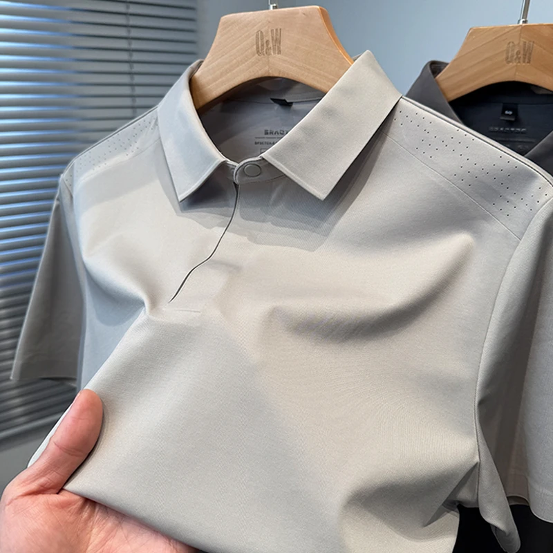 高端冰丝短袖t恤男2025新款商务休闲中年polo衫男衬衫领夏装纯色