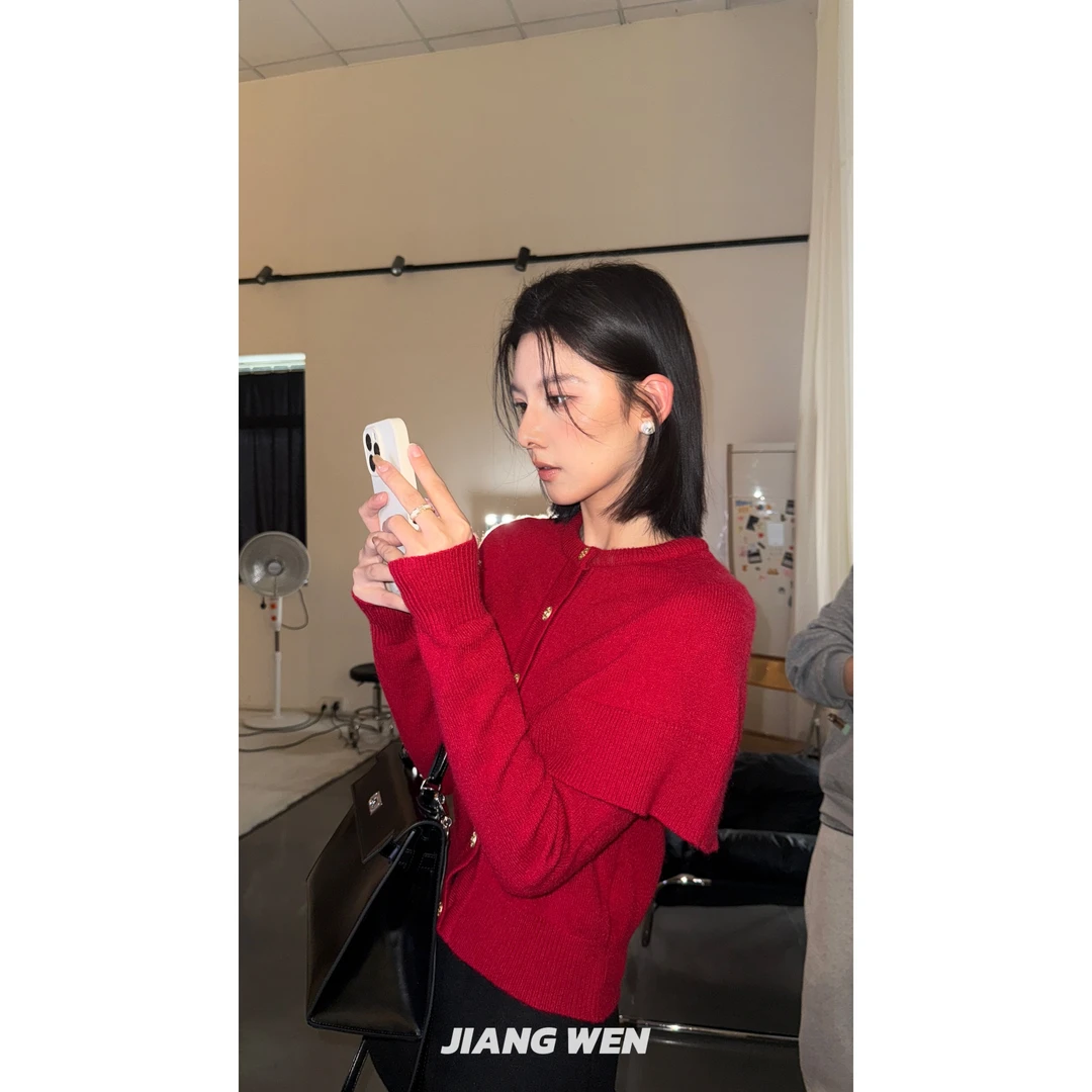 UKILAU【热恋】复古气质红色假两件斗篷小披风设计感针织衫毛衣
