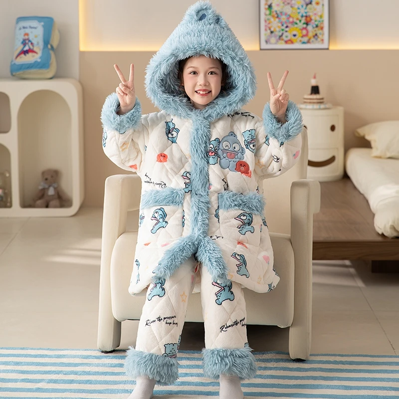 女童睡衣冬季三层夹棉加厚加绒珊瑚绒卡通新款女孩冬款可爱小丑鱼