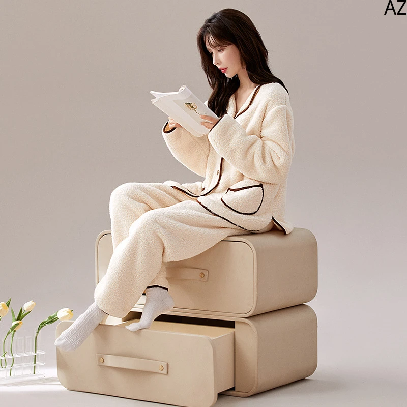 25年新款秋冬季半边绒女士简约加绒加厚珊瑚绒家居服保暖睡衣睡裤