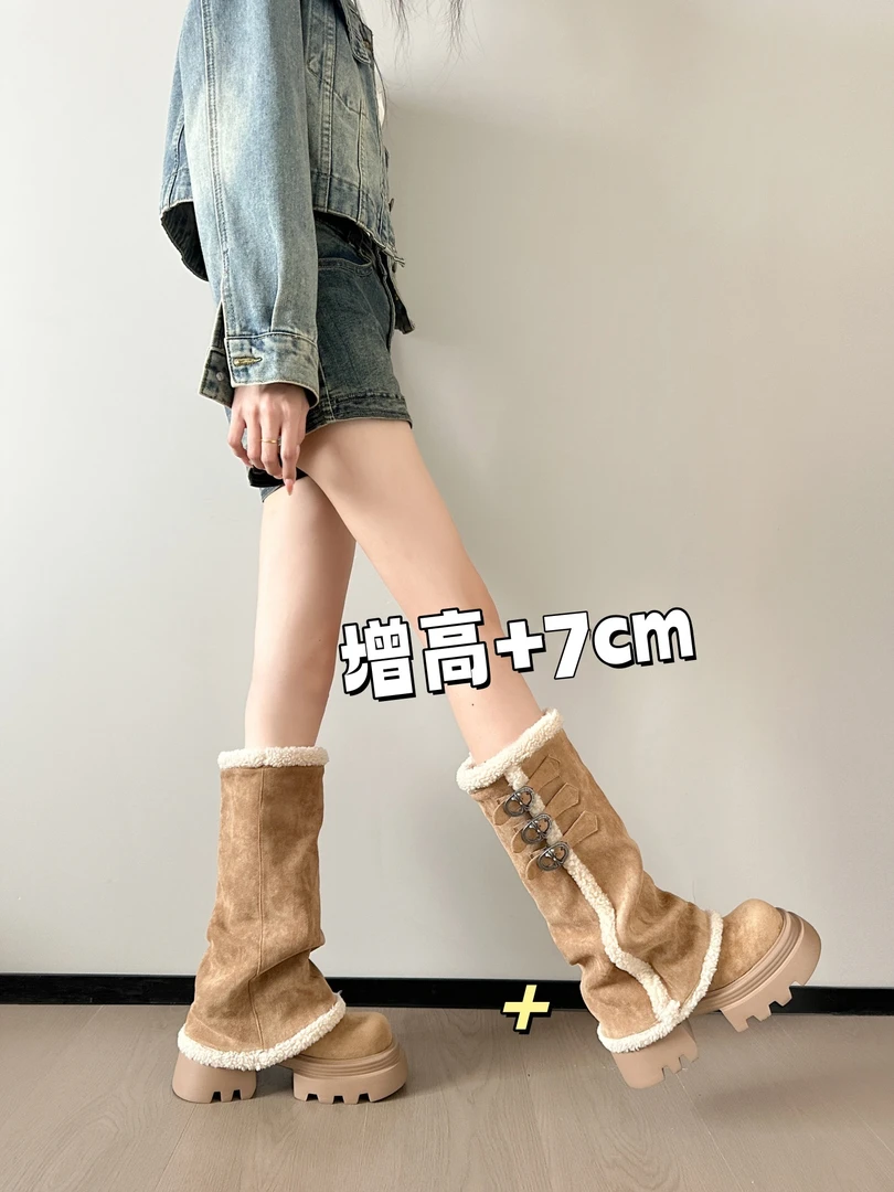 小个子增高7cm东北雪地靴女2025冬季新款羊羔毛加绒卡其色长筒靴