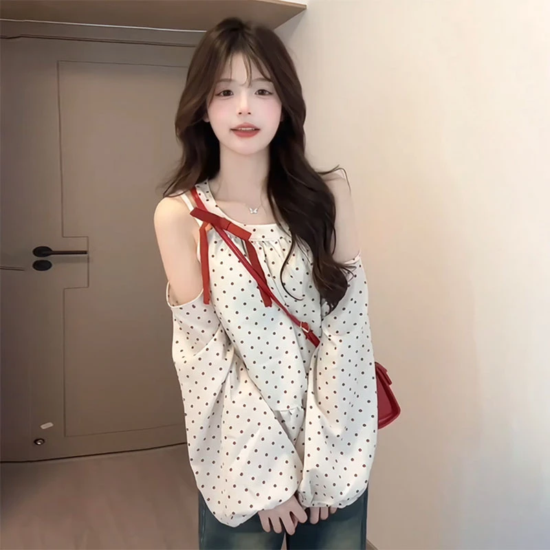爆款推荐胖mm露肩蝴蝶结波点衬衫女设计感甜美小个子宽松长袖上衣