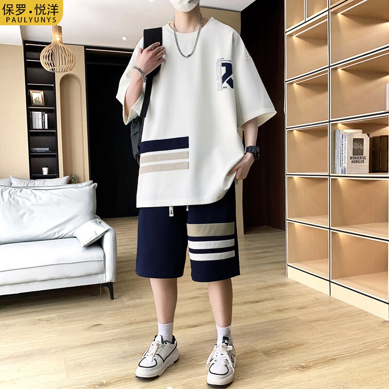 夏装短袖T恤套装男士圆领拼色短袖T恤夏季青少年宽松T恤套装学生