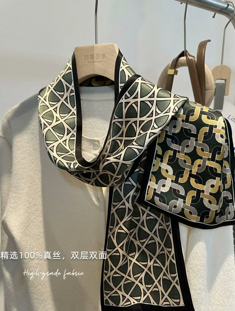 Qiantang Story/钱塘故事真丝飘带-方扣锁链双层真丝16*145cm