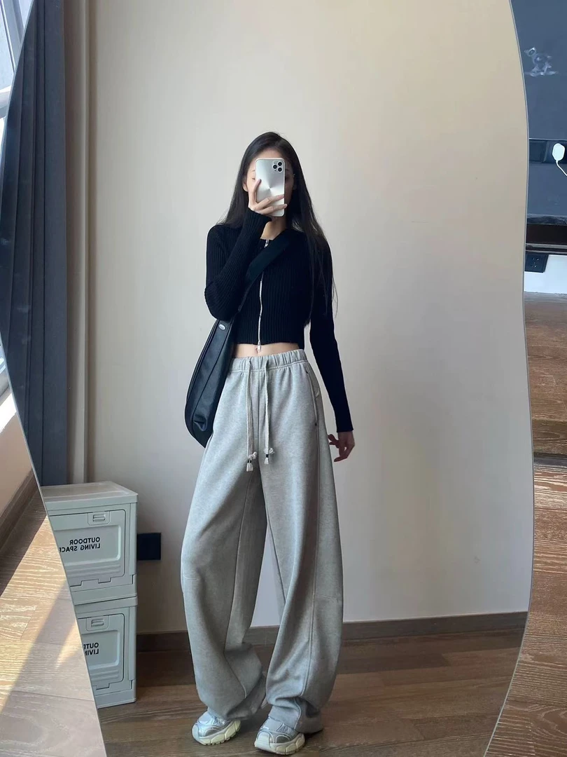 秋冬美式街头风加绒加厚保暖休闲裤拼接松紧腰显瘦阔腿裤490533