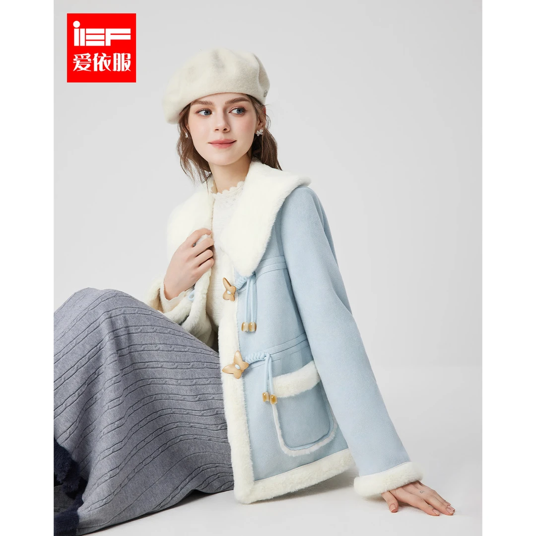 IEF/爱依服2025冬季新款时尚新中式大翻领显瘦别致设计磨砂皮外套