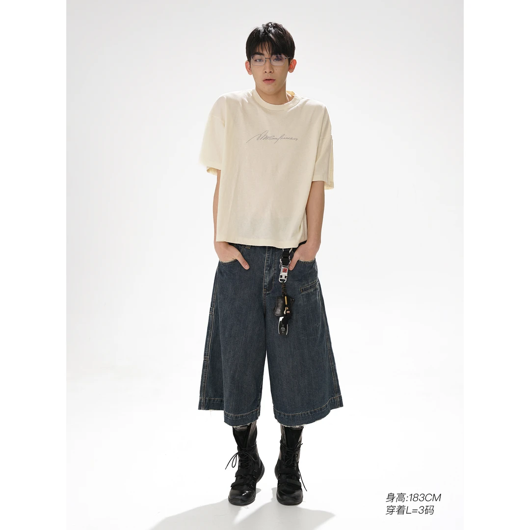 【早春新品】MASONPRINCE*男女同款 复古层次猫须七分工装牛仔裤