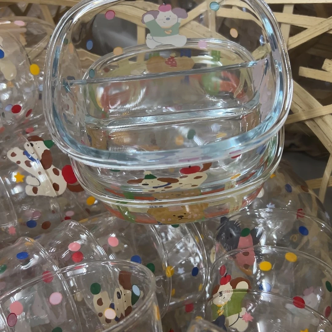 王***可瓷微瑕玻璃方形两格分餐熊头小狗各一