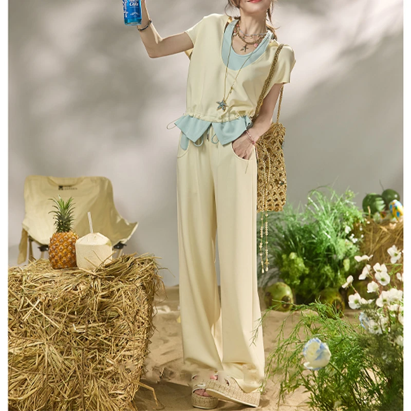 吞吞春夏【不想搭配，是假两件】软糯空气层撞色休闲全腰橡筋长裤女