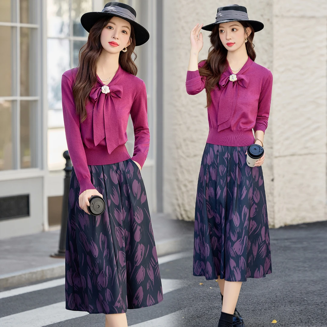 法式名媛风针织衫套装女2025春秋新款高级感气质碎花半身裙两件套