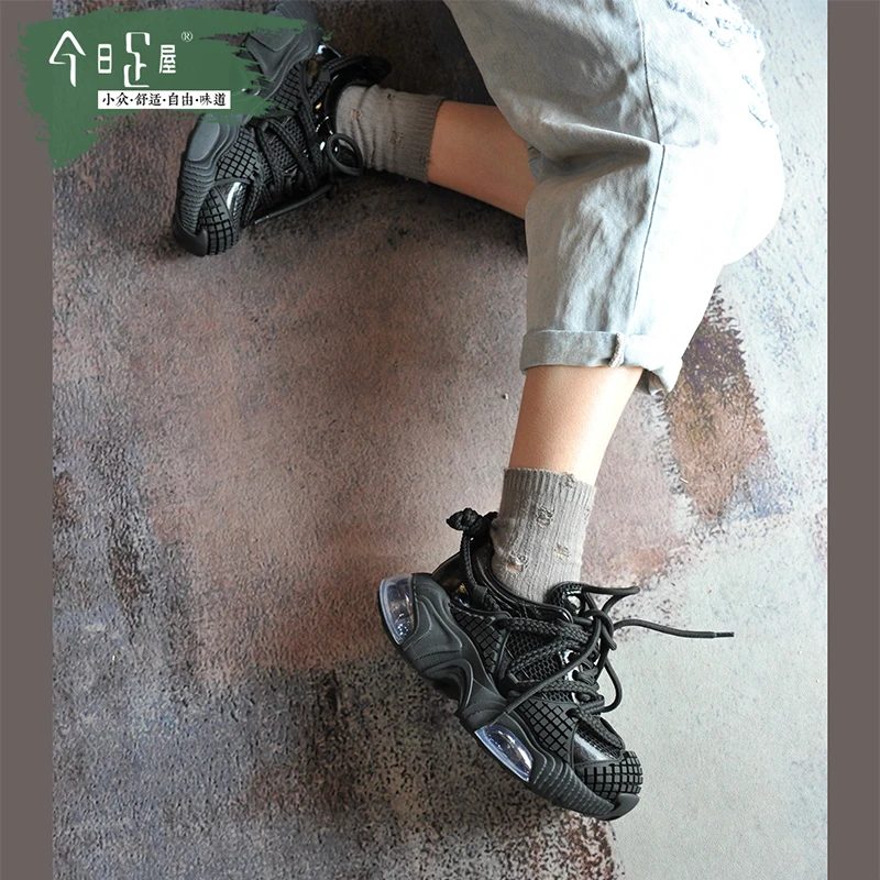 今日足屋真皮黑色双气囊潮鞋拼接个性厚底增高休闲老爹鞋251016