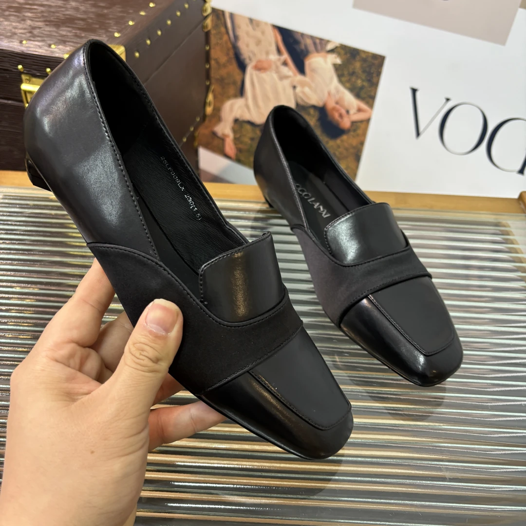 【茜妍】气质时尚百搭黑色粗跟高跟方头平底乐福鞋25LF009LX