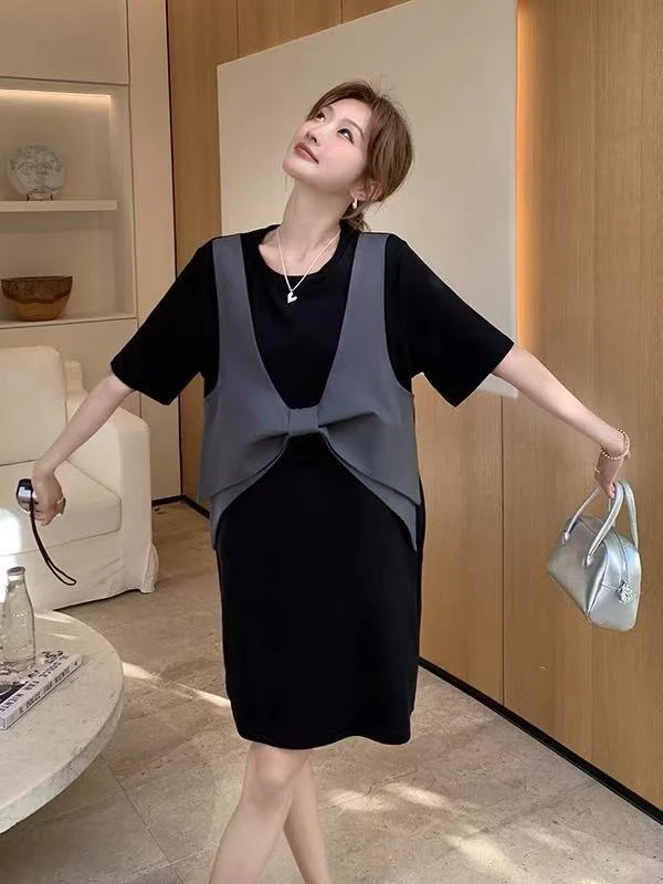 2025夏季欧洲站蝴蝶结马甲吊带假两件小众设计宽松显瘦连衣裙2696