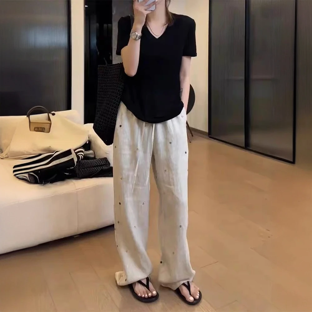 亚麻棉抽绳刺绣阔腿休闲裤女夏季薄款大码胖mm高腰宽松显瘦直筒裤