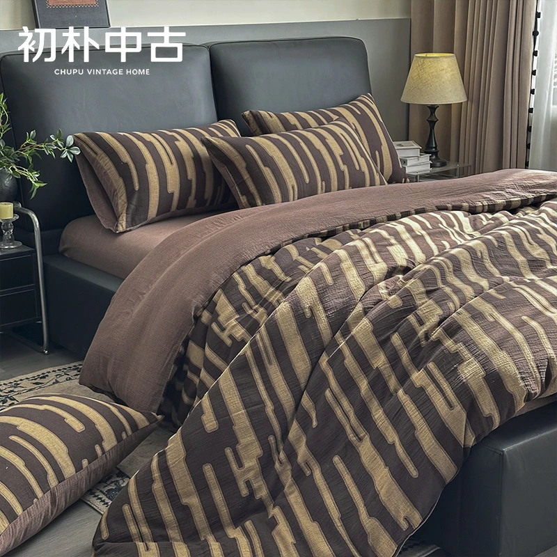 【晨风】中古全棉色织纱布四件套A类复古条纹肌理感侘寂风床品被套