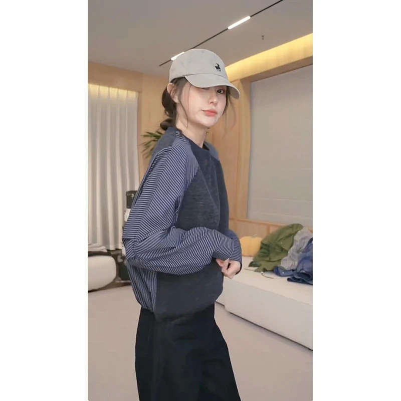 上衣圆领薄款条纹拼接长袖卫衣针织秋冬时尚