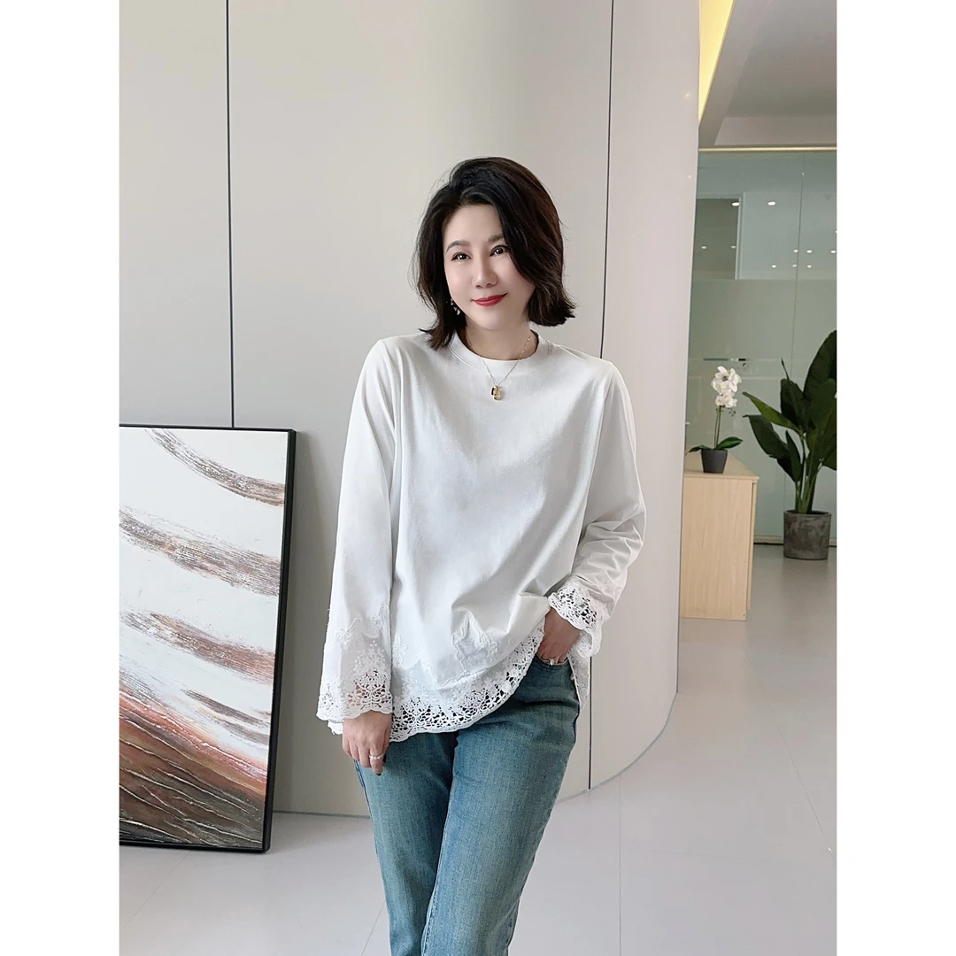 微胖女装【线雕蕾丝T】春季新款专机蕾丝定位绣花T恤上衣20586