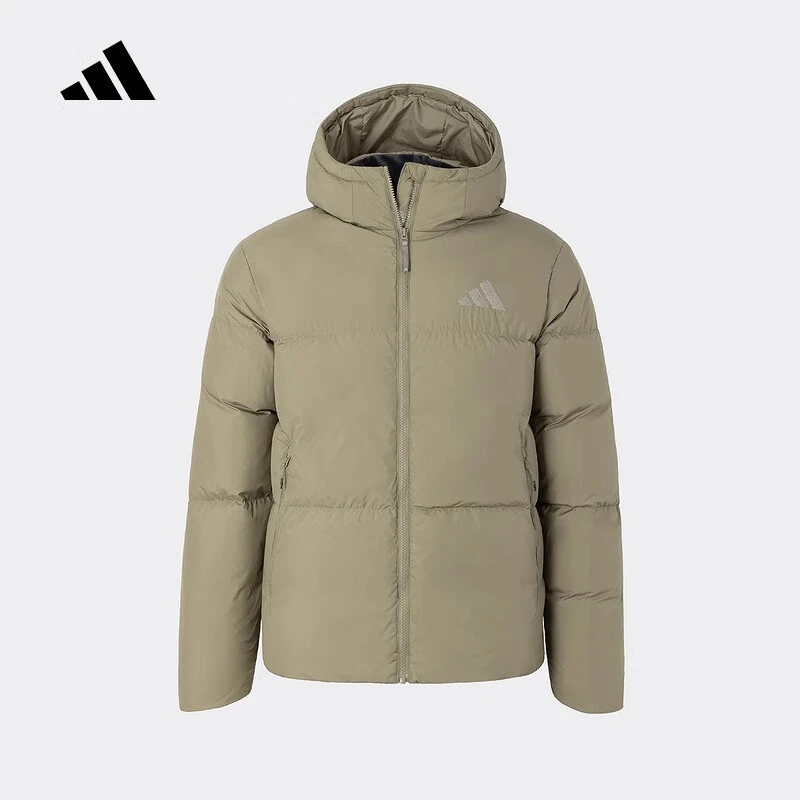 adidas2024冬连帽鸭绒面包服装蓬松中长款羽绒服男JV6188