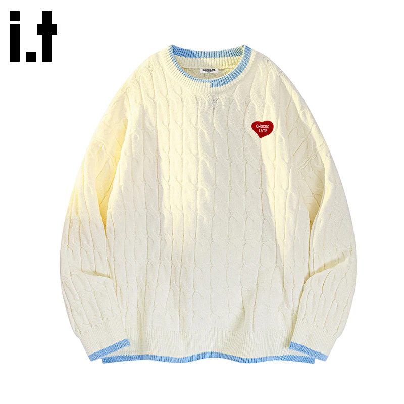 i.t:CHOCOOLATE米白色高级感圆领刺绣针织衫男秋冬慵懒风宽松毛衣
