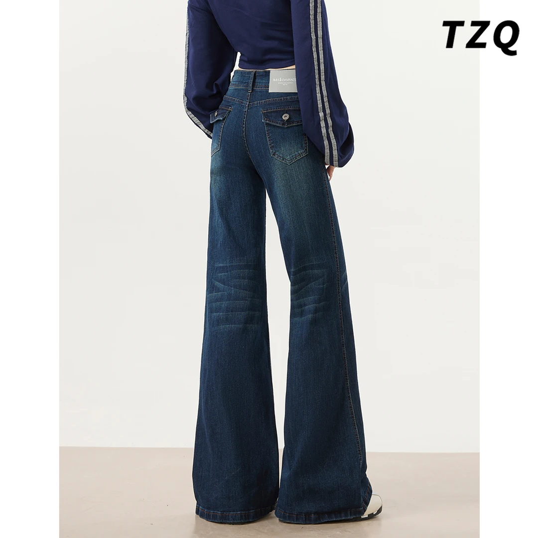 深蓝色不贴腿加绒微喇牛仔裤女2025秋高腰阔腿拖地裤TZQ25100337