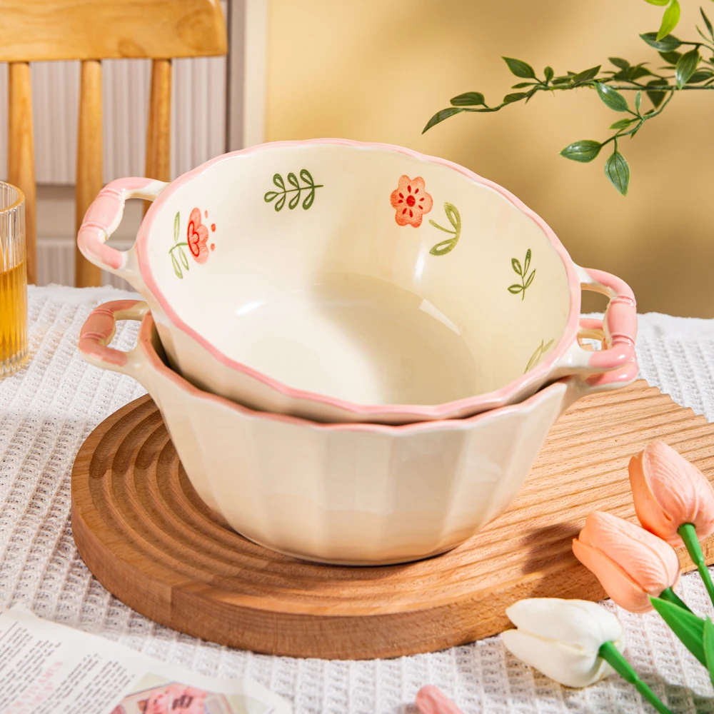 四季花釉下彩陶瓷餐具新款大号螺丝粉碗高级感家用双耳防烫汤碗