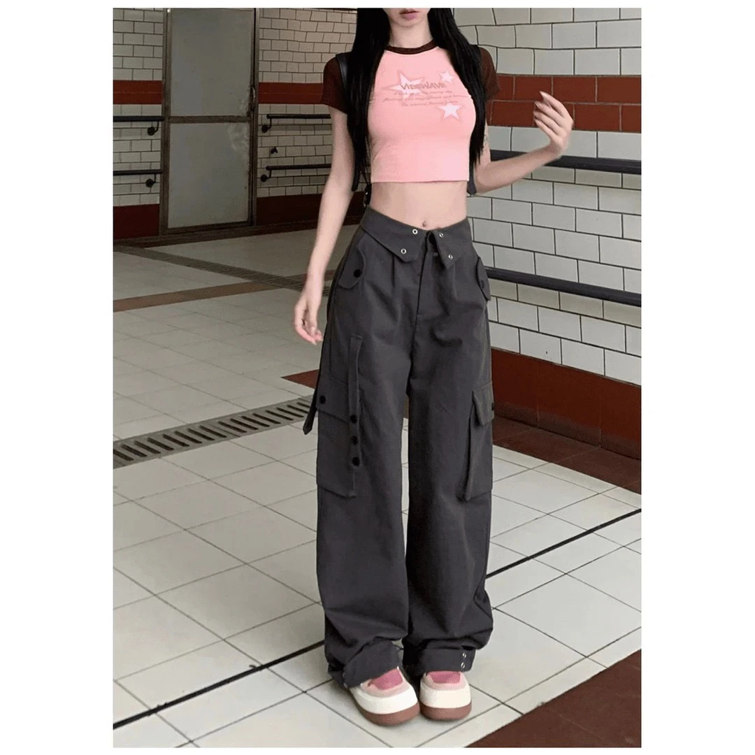 2025春秋冬新款美式休闲裤翻盖腰头设计直筒显瘦工装裤