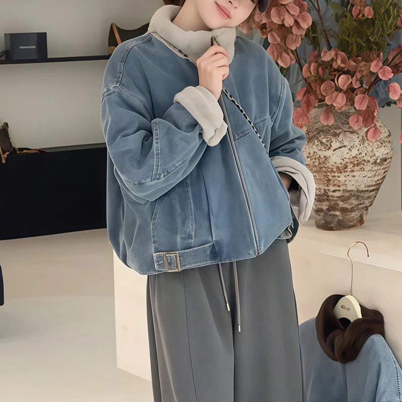 短款冬季加厚羊羔绒外套女韩版洋气减龄宽松百搭翻领牛仔夹克上衣