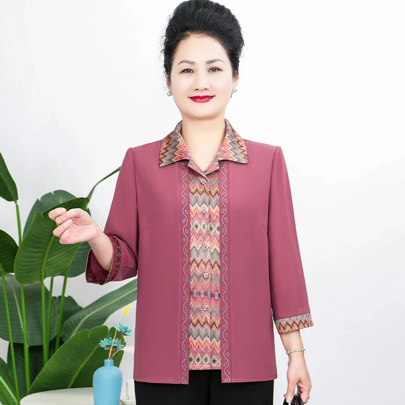 华太太妈妈装时尚假两件翻领大码开衫中老年女装奶奶上衣B5919