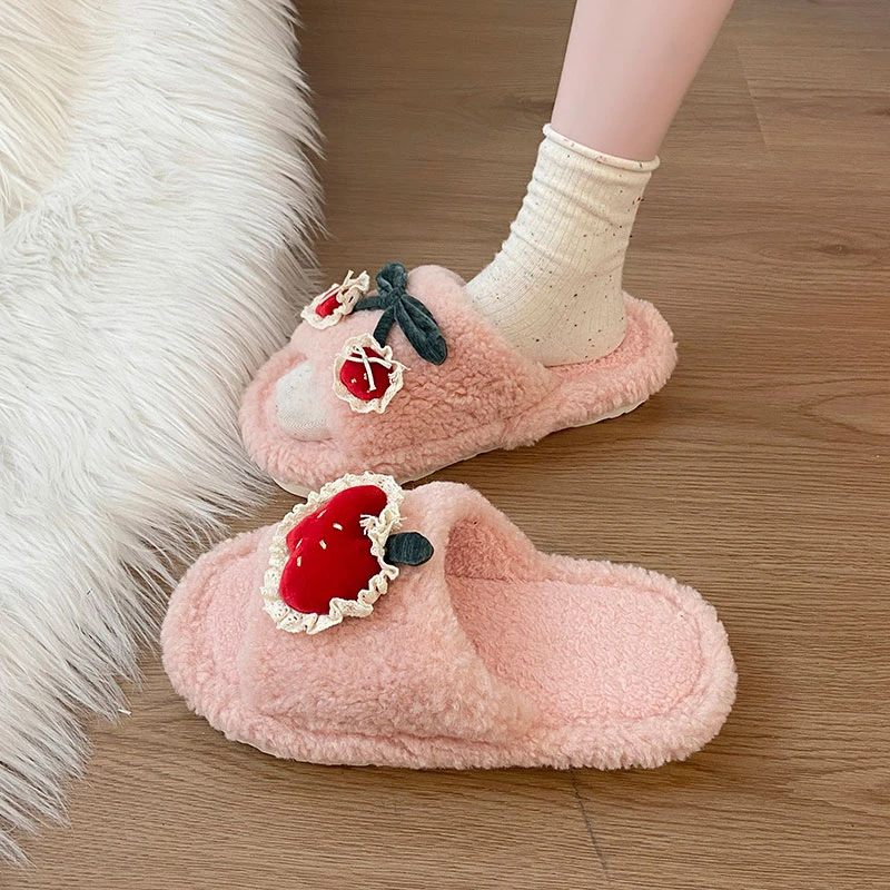 可爱卡通时尚樱桃配饰毛毛拖鞋女2025秋冬新款外穿居家棉拖鞋潮鞋