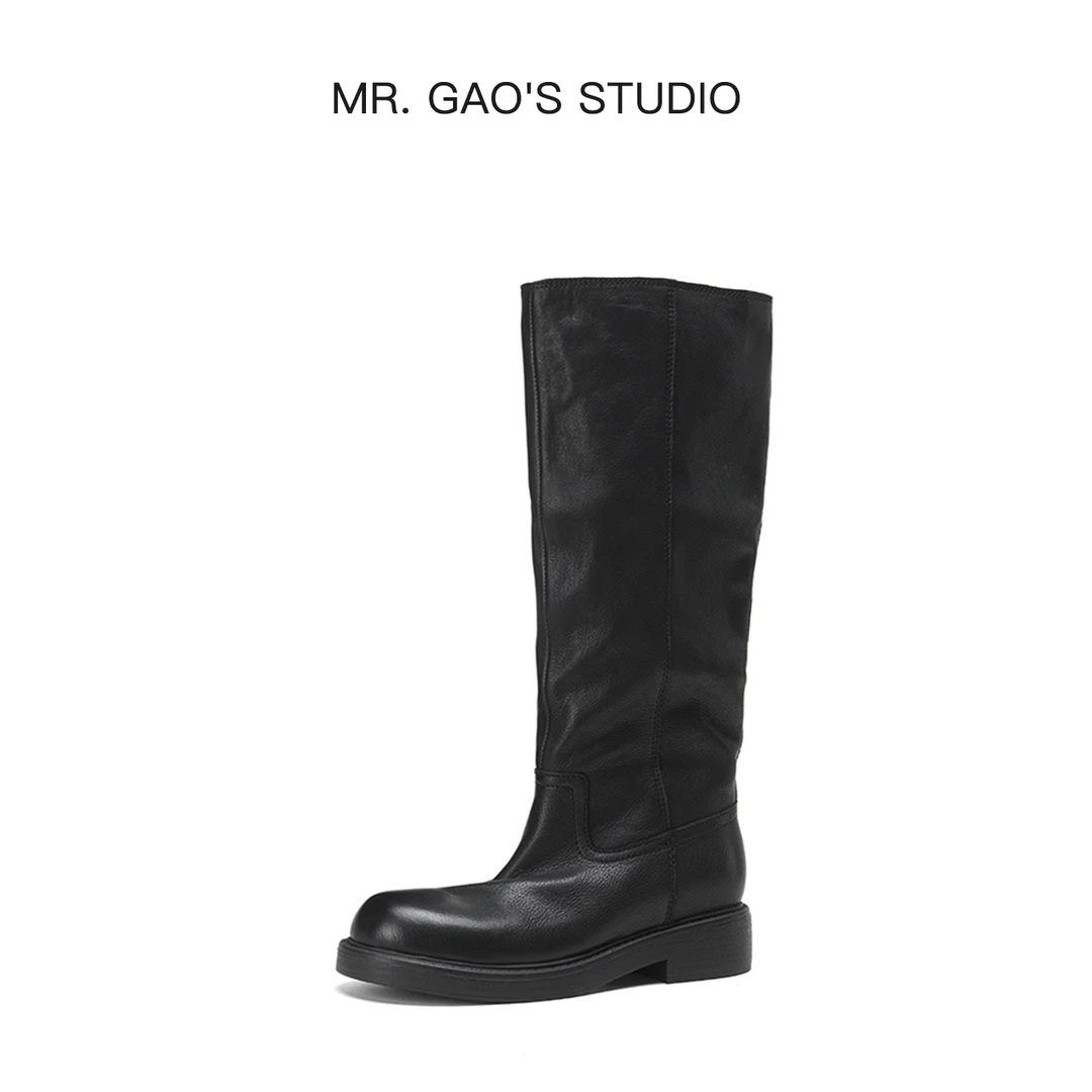 25新款高级感中筒靴时尚粗跟骑士时装靴真皮复古圆头厚底百搭女靴