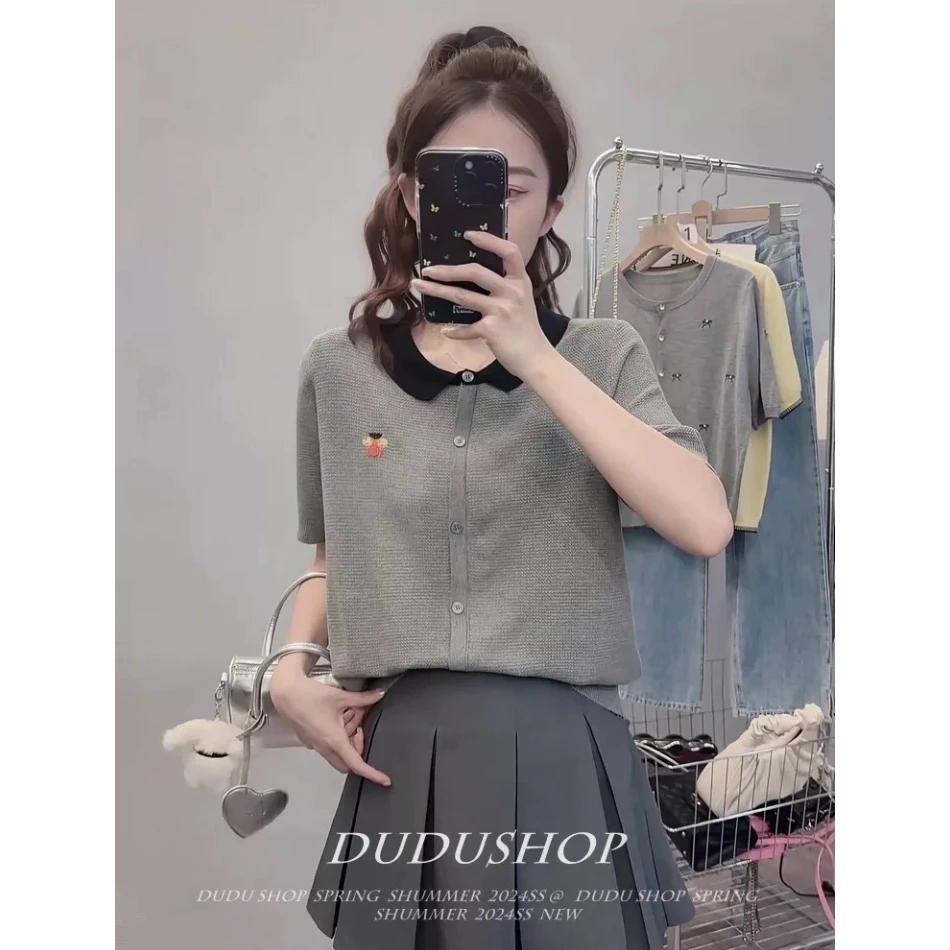 2089【小蜜蜂刺绣Polo衫】夏季新款气质翻领针织衫女士设计感上衣