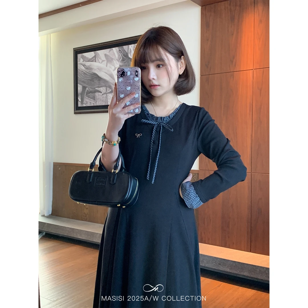 马西西大码女装撞色拼接假两件连衣裙冬季微胖mm收腰显瘦长款裙子