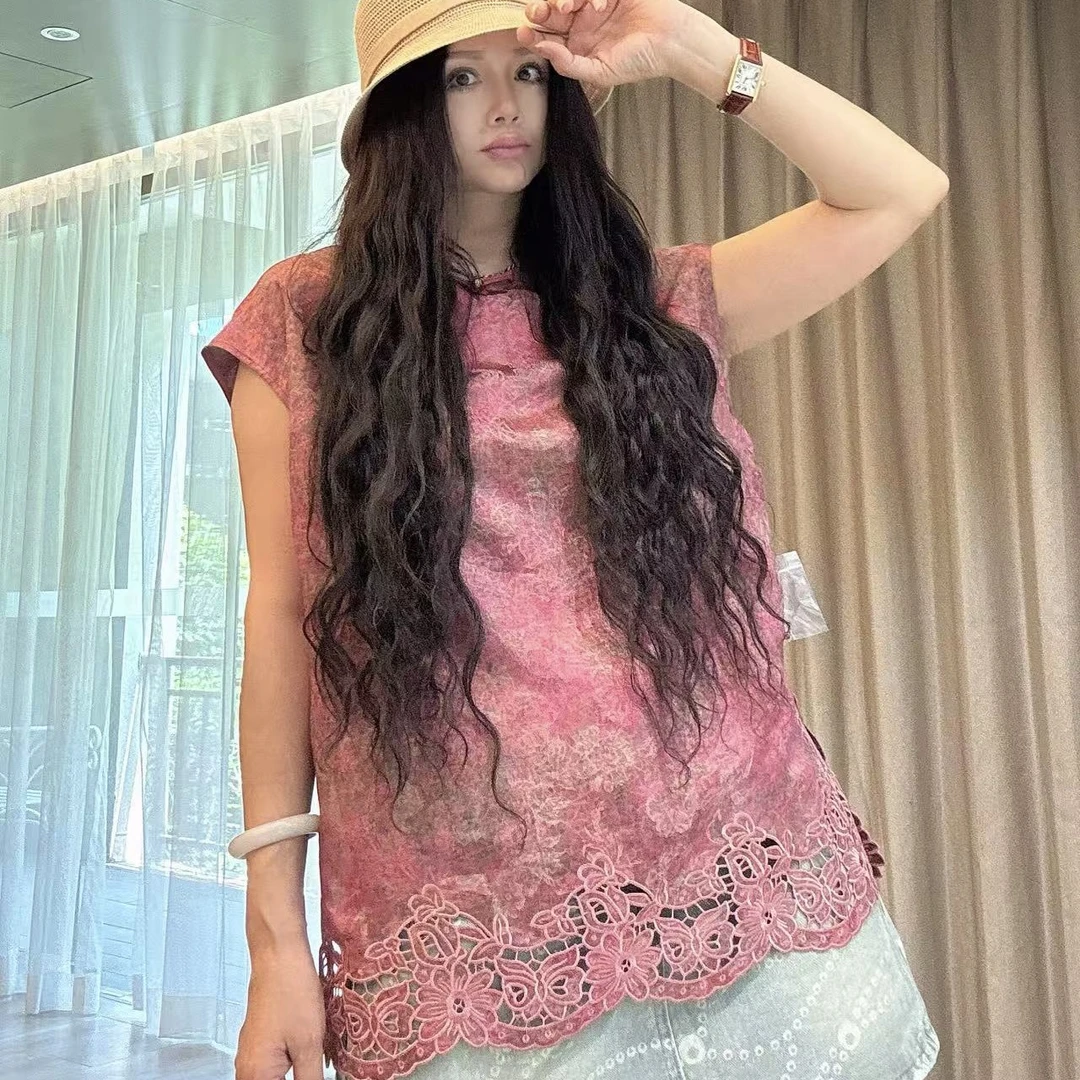 【周周家】新中式时尚气质高级蕾丝夏季女士粉色蕾丝无袖上衣