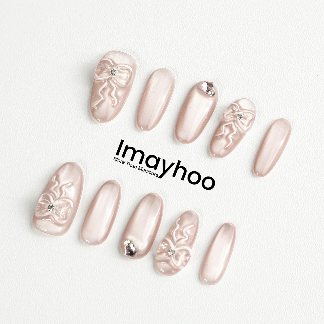 Imayhoo纯手工高定穿戴甲【公主粉】柔粉立体蝴蝶结公主钻饰DF06089