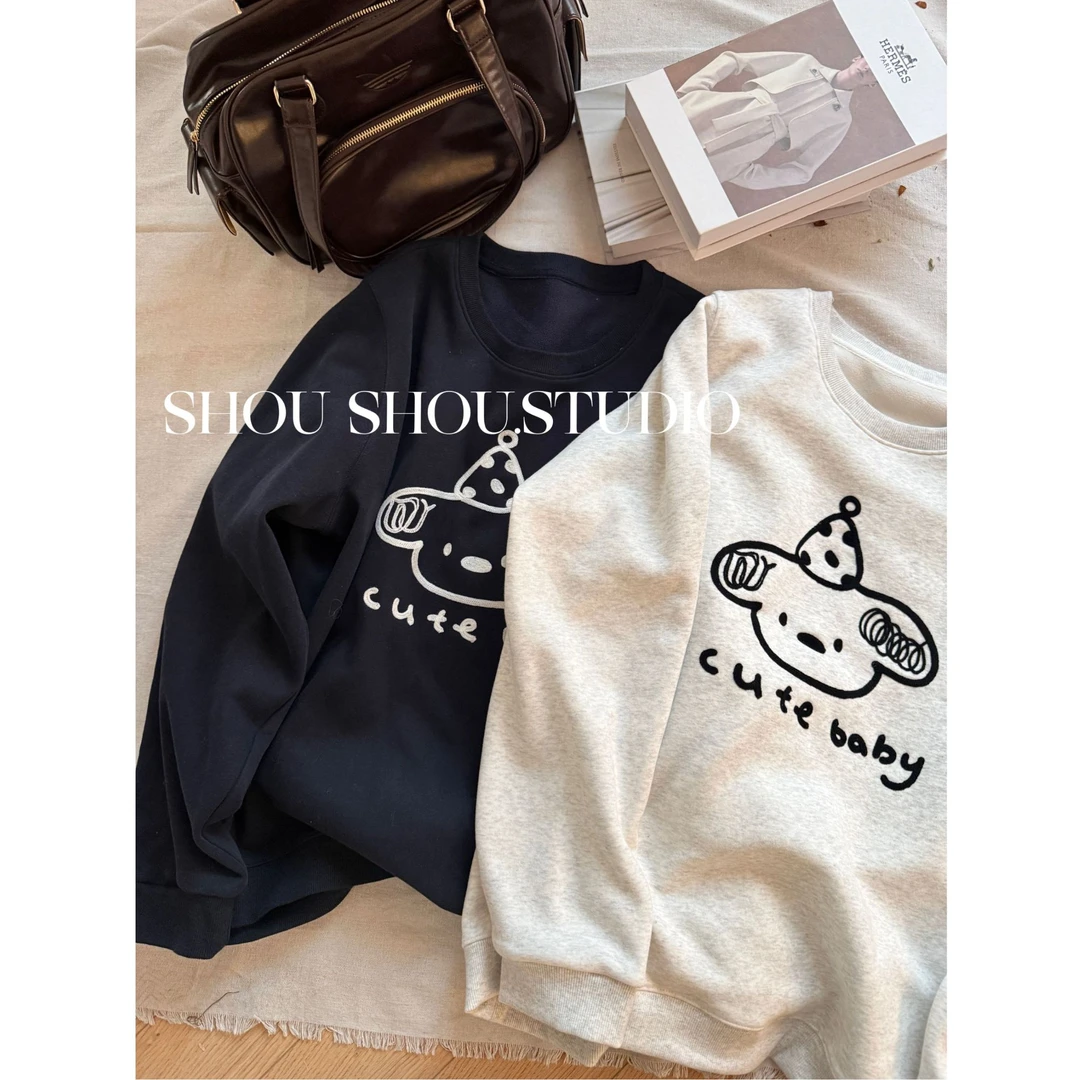 【瘦瘦】大码圆领加绒狗狗刺绣百搭休闲显瘦情侣卫衣S02378